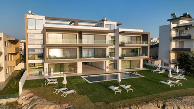an aerial view of a building with a swimming pool at Aquarama Pool Apts. in Ixia