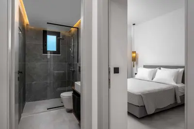 a bedroom with a bed and a bathroom with a shower at Villa Kiotari Sky in Kiotari