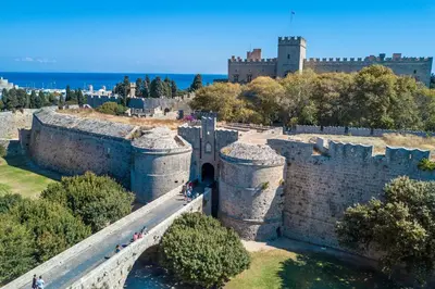 an aerial view of a castle with a bridge at CASA DI ALEJANDRO in Rhodes Town