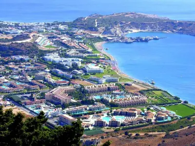 an aerial view of a resort next to a body of water at Kolymbia memories house in Kolimbia