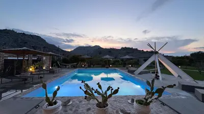 a swimming pool with cacti in potted plants in front of a sunset at LA Casa Di Lusso N5 - Adults Only in Kolimbia