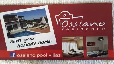 a brochure of a villa in a house at OSSIANO POOL VILLAS, Heating Pool, 2 min drive to Haraki Beach & 10 to Lindos in Haraki