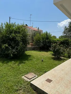a yard with a house and some bushes and trees at Fotis house in Afantou